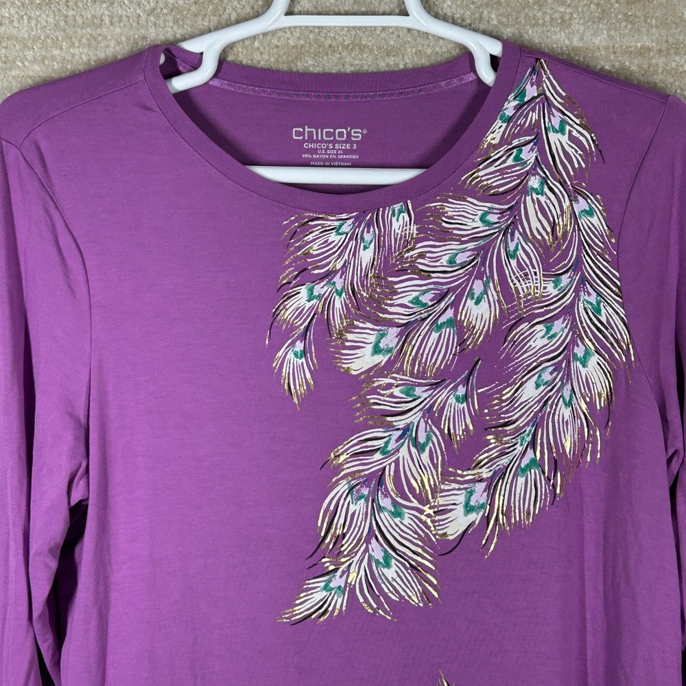 Chicos Long Sleeve Top Boho Peacock Feather Graphic Purple Metallic XL Size 3